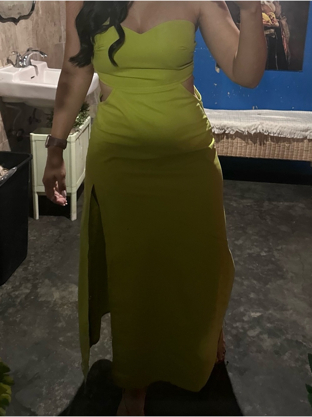Strapless Lime Cutout Maxi Dress with Side Slit